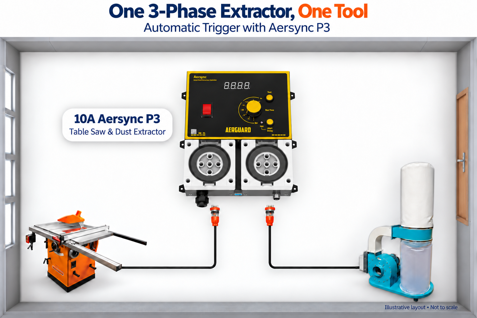 Upcoming Aersync P3 automatic controller connection example for one tool and a three-phase dust extractor.