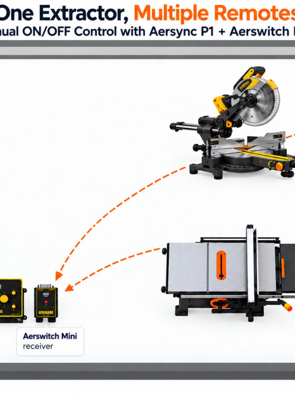 Two-station dust extraction setup with shared extractor and two wireless remote controls