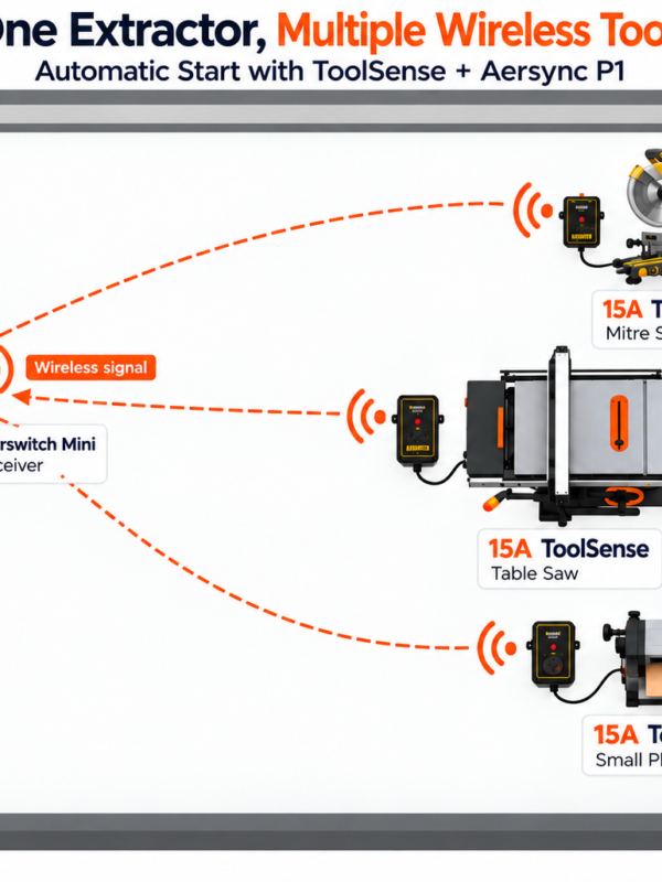 Multiple woodworking tools using wireless ToolSense sensors with one dust extractor