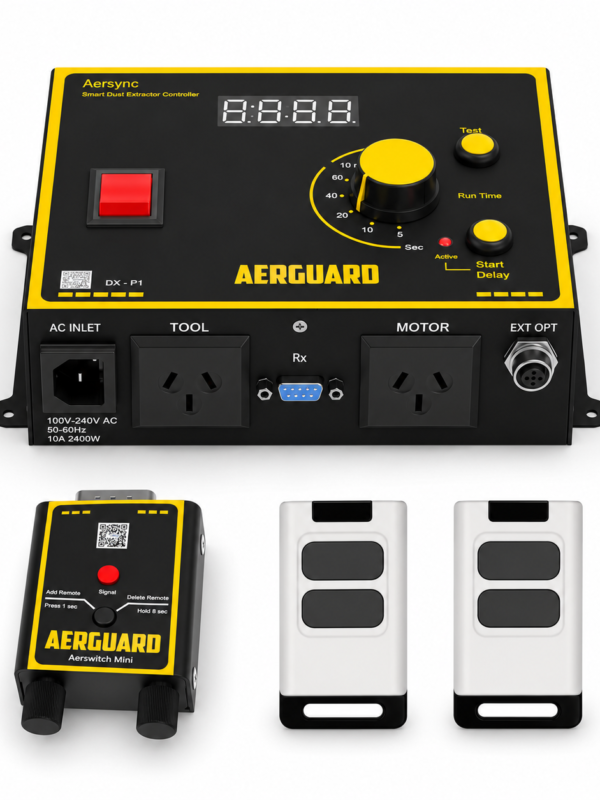 Two station remote kit - two button remotes; Aerguard controller and included wireless controls on white background.