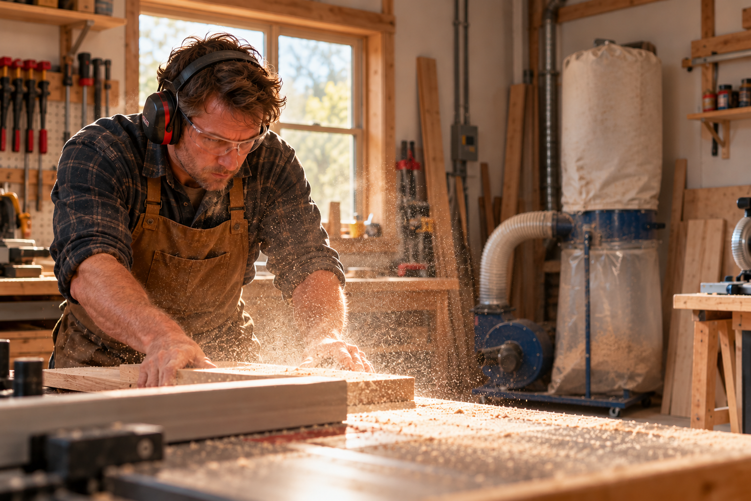 Woodworker operating a machine in a dusty workshop with an older dust extractor in the background
