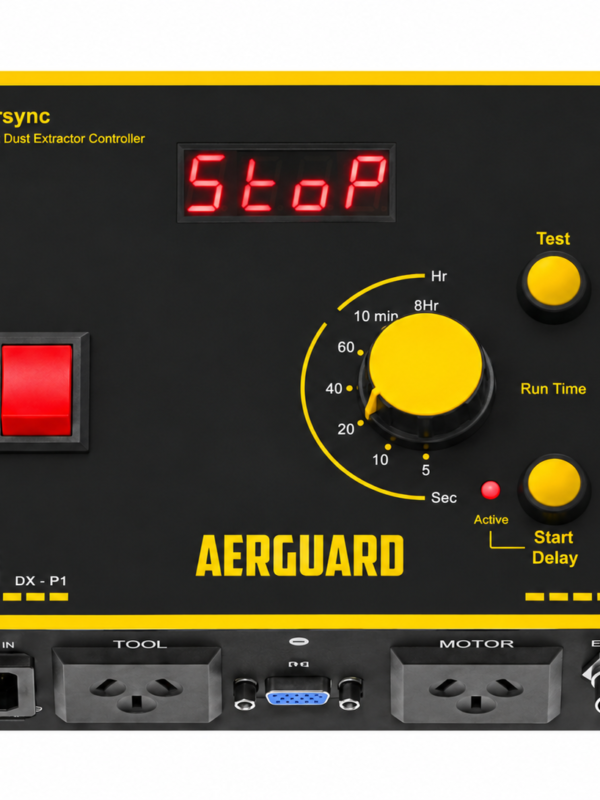 Aersync P1 automatic vacuum switch and dust extractor controller with red StoP display, front view