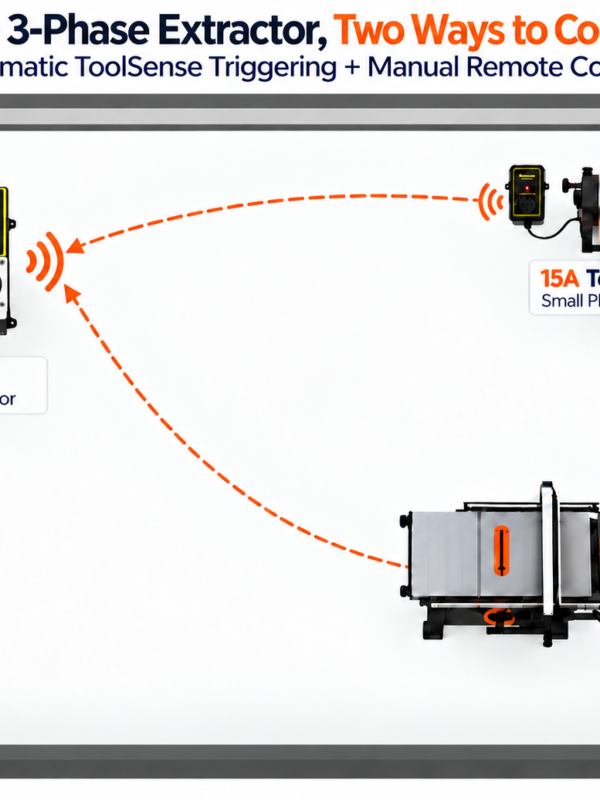 Three-phase dust extractor controlled by Aerswitch P3, with a manual remote and single-phase ToolSense at a planer.