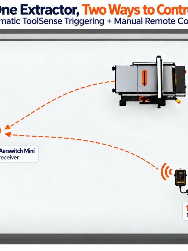 Dust extraction setup diagram with ToolSense wireless sensor and remote